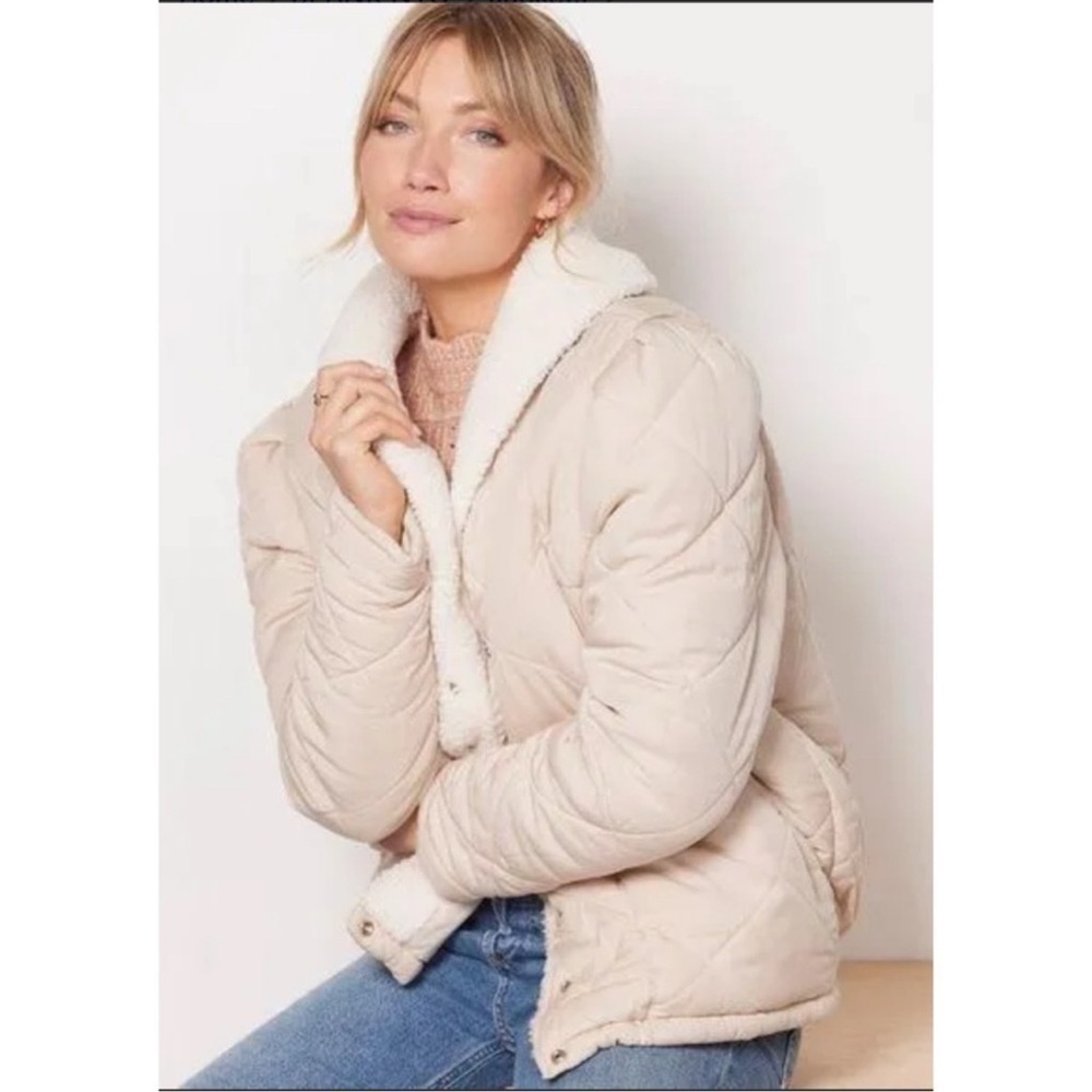 BLANK NYC Warm Hearts Quilted Sherpa Button Down Jacket Cream/Beige